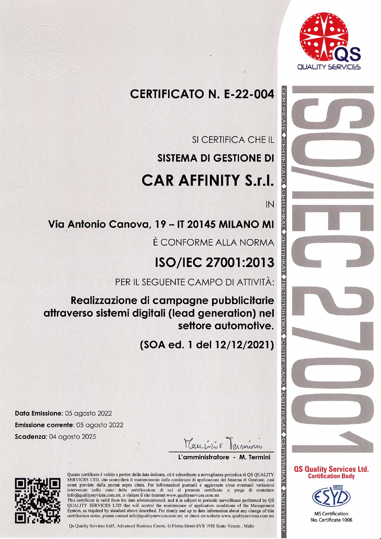 certificato qs carAffinity 27001
